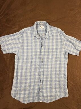 Peter Millar Light Blue Plaid Short-Sleeve Button-Down Shirt Linen